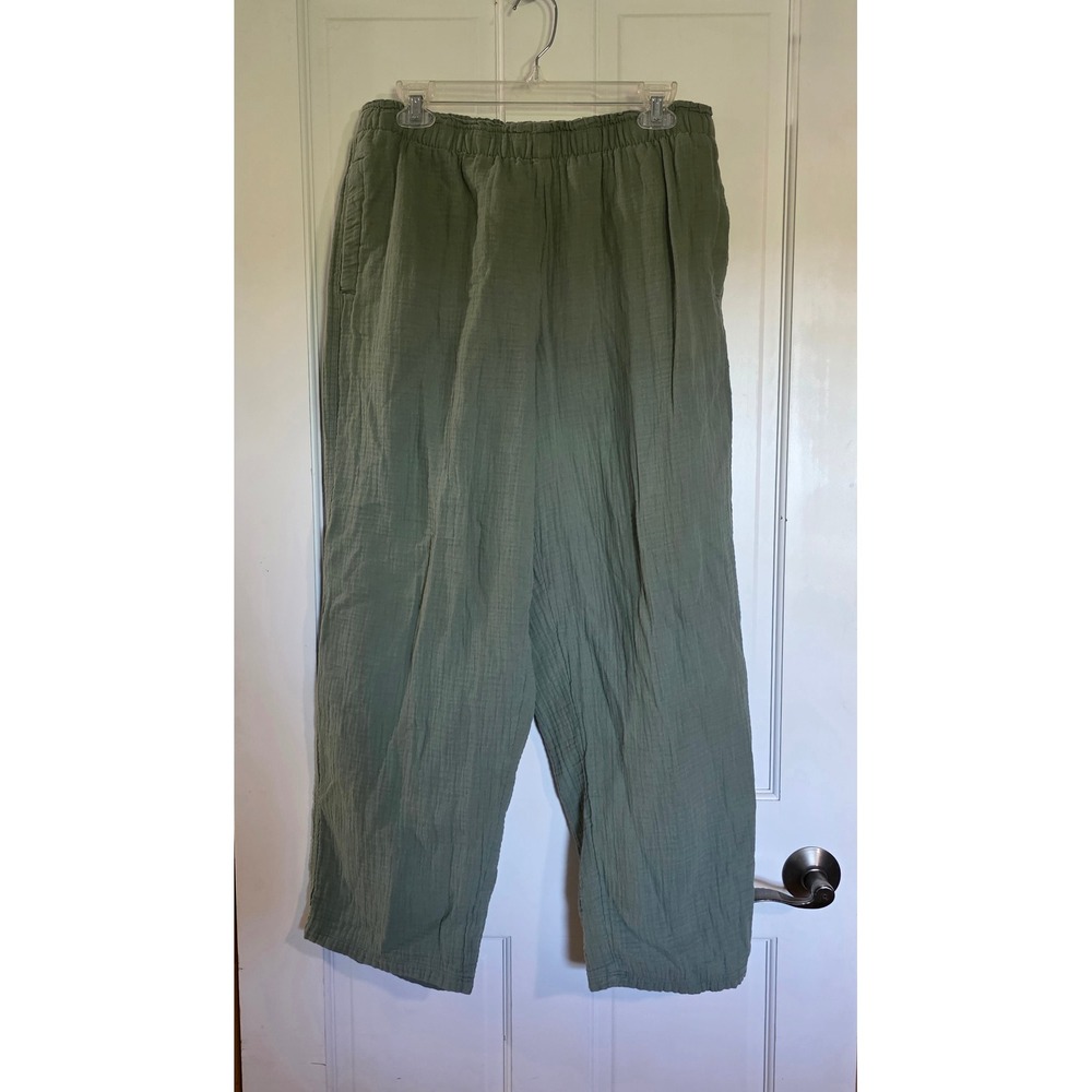 Coldwater Creek Sage Green 100% Cotton Gauze Wide Leg Pants Medium Elastic Waist